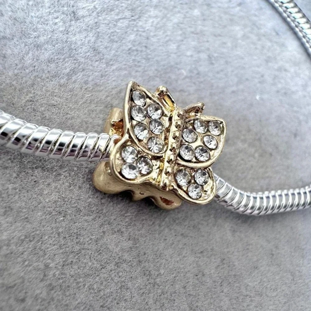 Gold Rhinestone Tone Crystal Butterfly European Bead Charm fits PANDORA